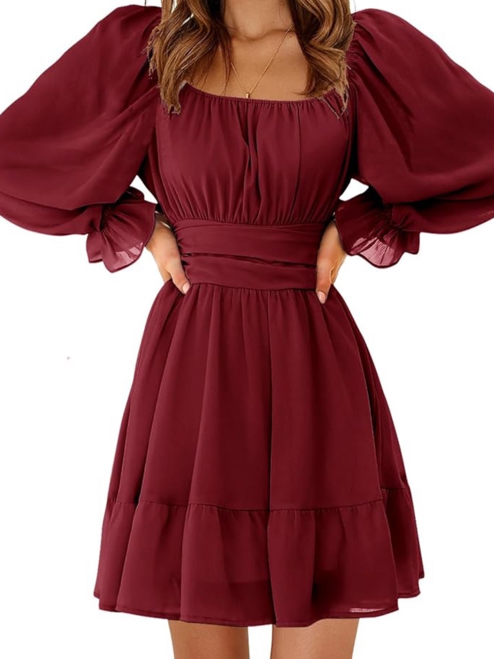 Women's Burgundy Puff-Sleeve Square-Neck Dress